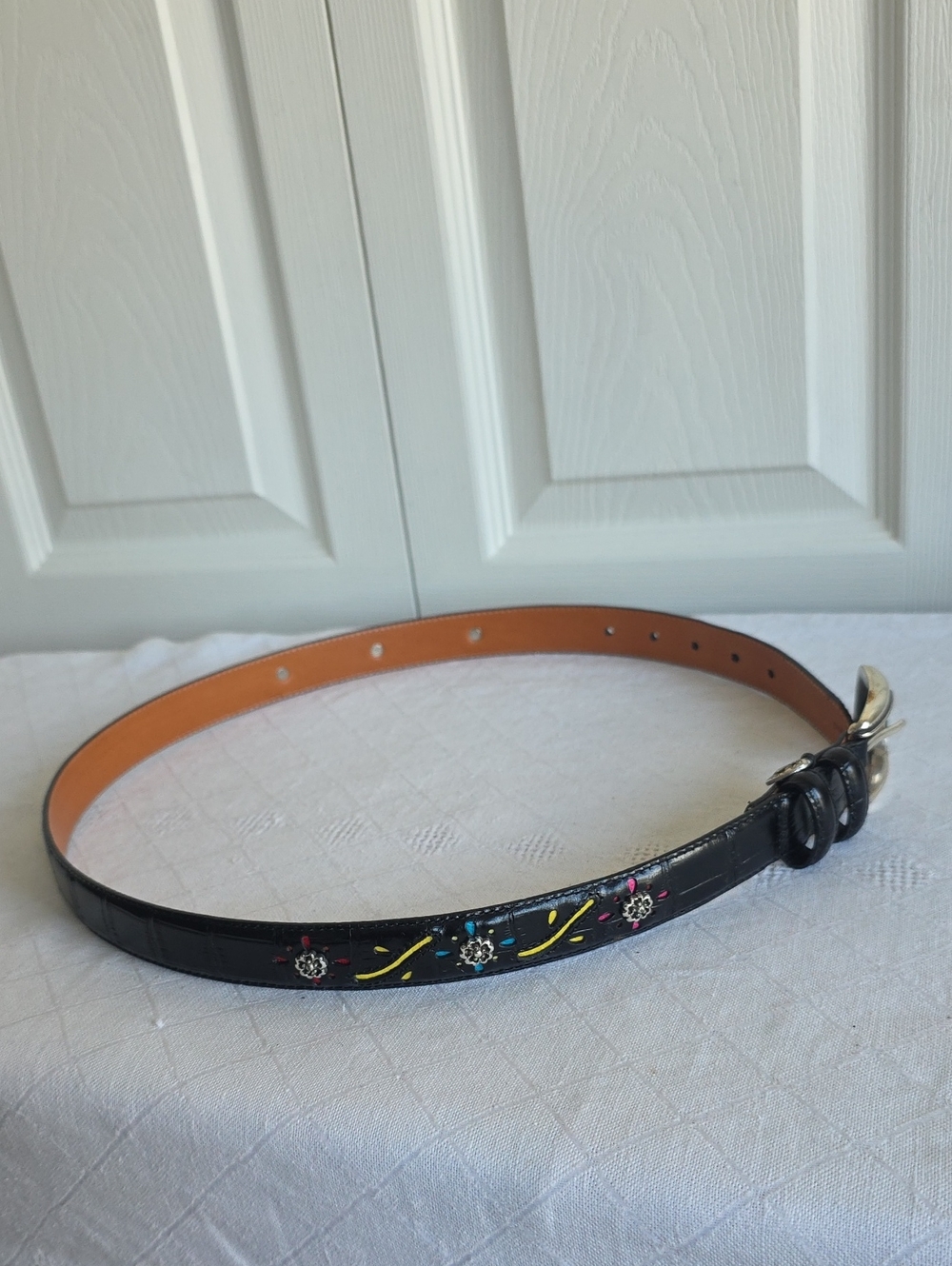 Vintage Brighton Black Croc Leather Belt Flower Concho 32 ML Q4203”.